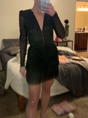 Sabina Musayev Emerald Shimmer V-Neck Long-Sleeve Mini Dress